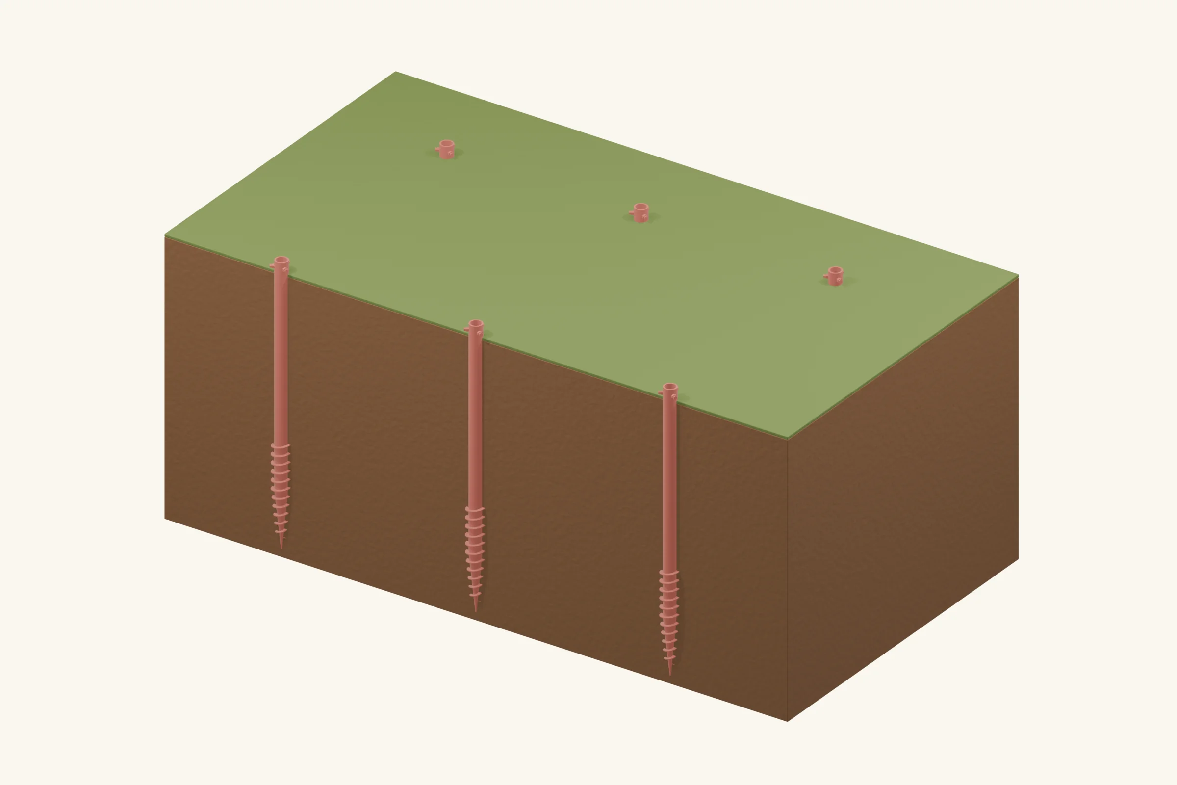 The front soil cutaway exposes the installed screws. Red identifies the steel added in this step. Depth and capacity must be verified for the site.