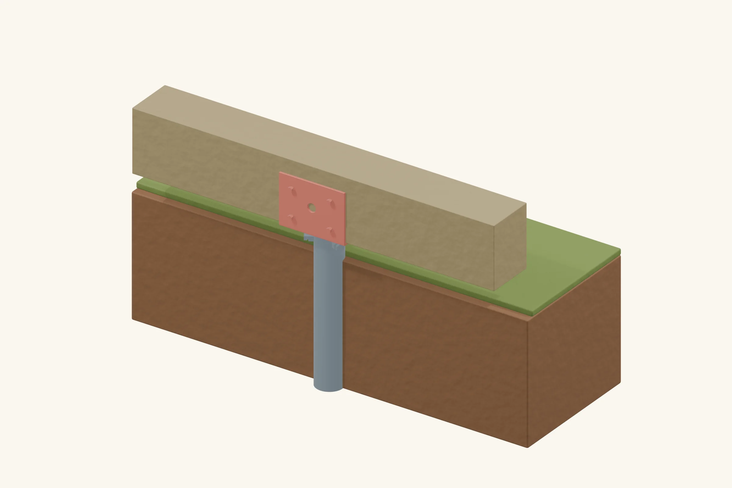 The timber bears on the red U-head seat. Structural timber screws secure both sides; three locking bolts secure the head stem inside the shaft. The shaft continues below this close-up. Use the selected head’s fastening schedule.