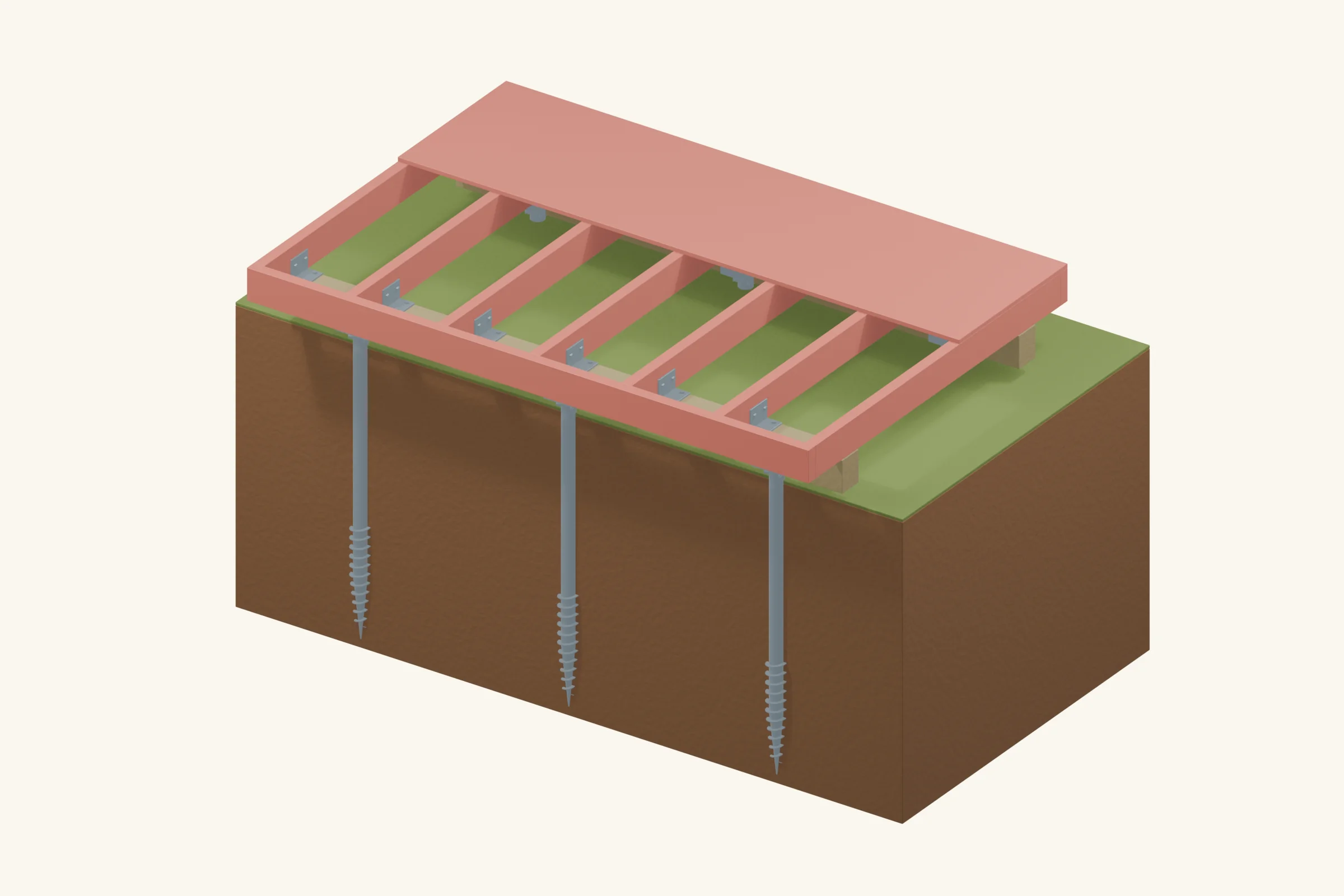 Add and connect the floor frame after securing the beams. Red shows the new joists, rim boards and partial deck; the cutaway leaves the foundation visible.