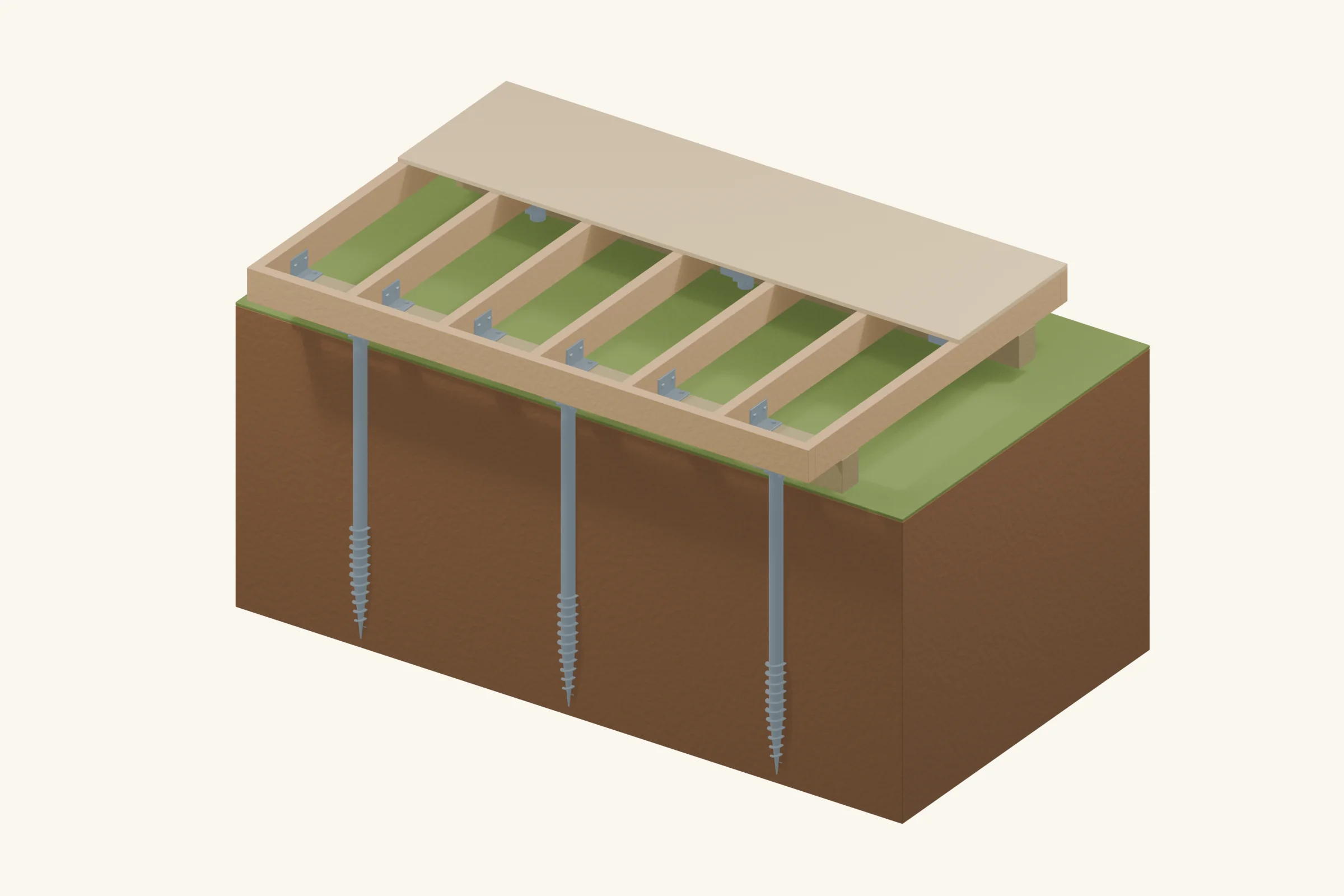 Three-dimensional ground screw foundation assembly with surrounding lawn and a ground cutaway