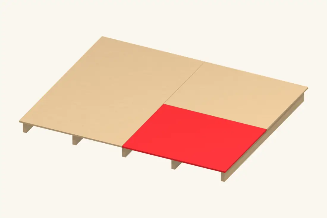 A replacement deck panel sits flush with the retained panels and has support at its edges. Bright red marks the part being installed or checked.