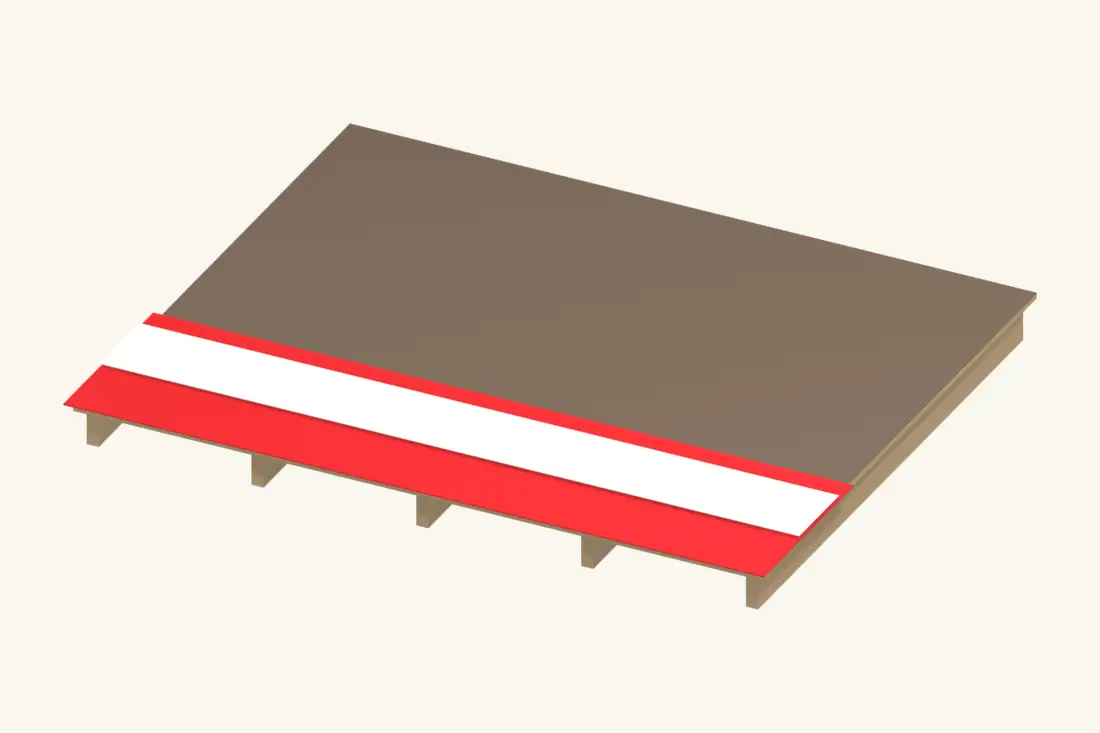 Peel back the release liner progressively while pressing the base sheet into place. Bright red marks the part being installed or checked.