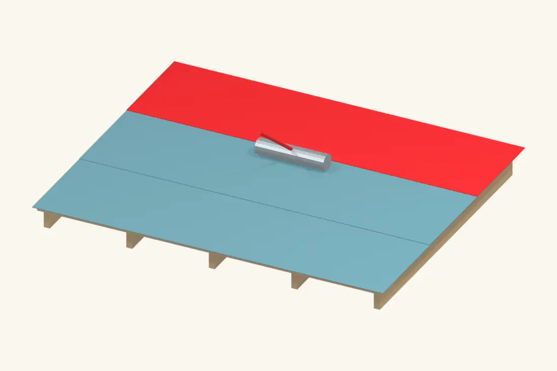 Upper base-sheet courses overlap the lower courses and are rolled into firm contact. Bright red marks the part being installed or checked.