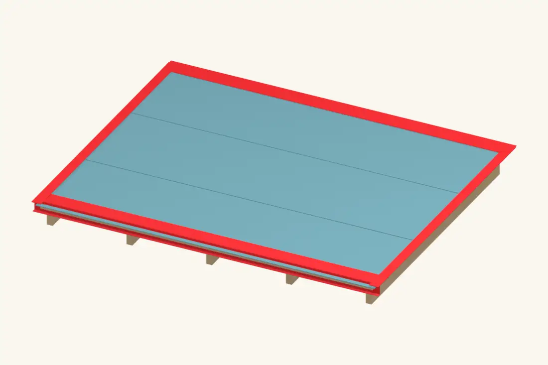 In this two-ply sequence, the perimeter metal sits over the base sheet and below the cap sheet. Bright red marks the part being installed or checked.