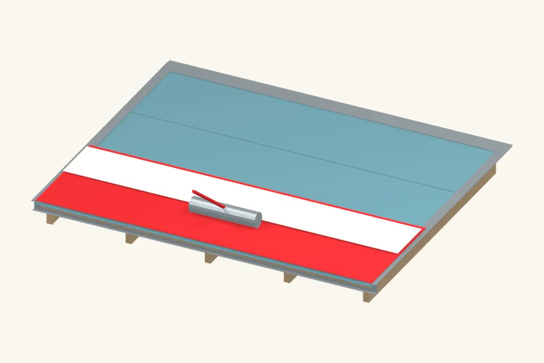 Remove the cap-sheet liner progressively and roll the cap into contact with the prepared base. Bright red marks the part being installed or checked.