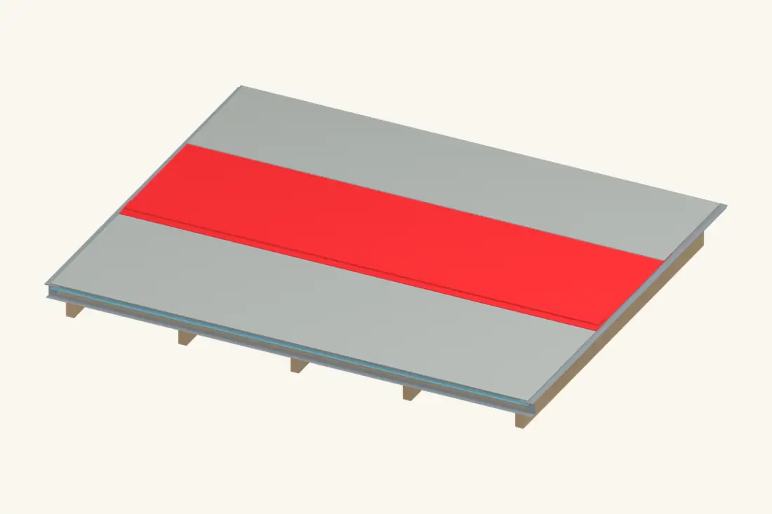 The highlighted lap shows where the next cap course overlaps the preceding course. Bright red marks the part being installed or checked.
