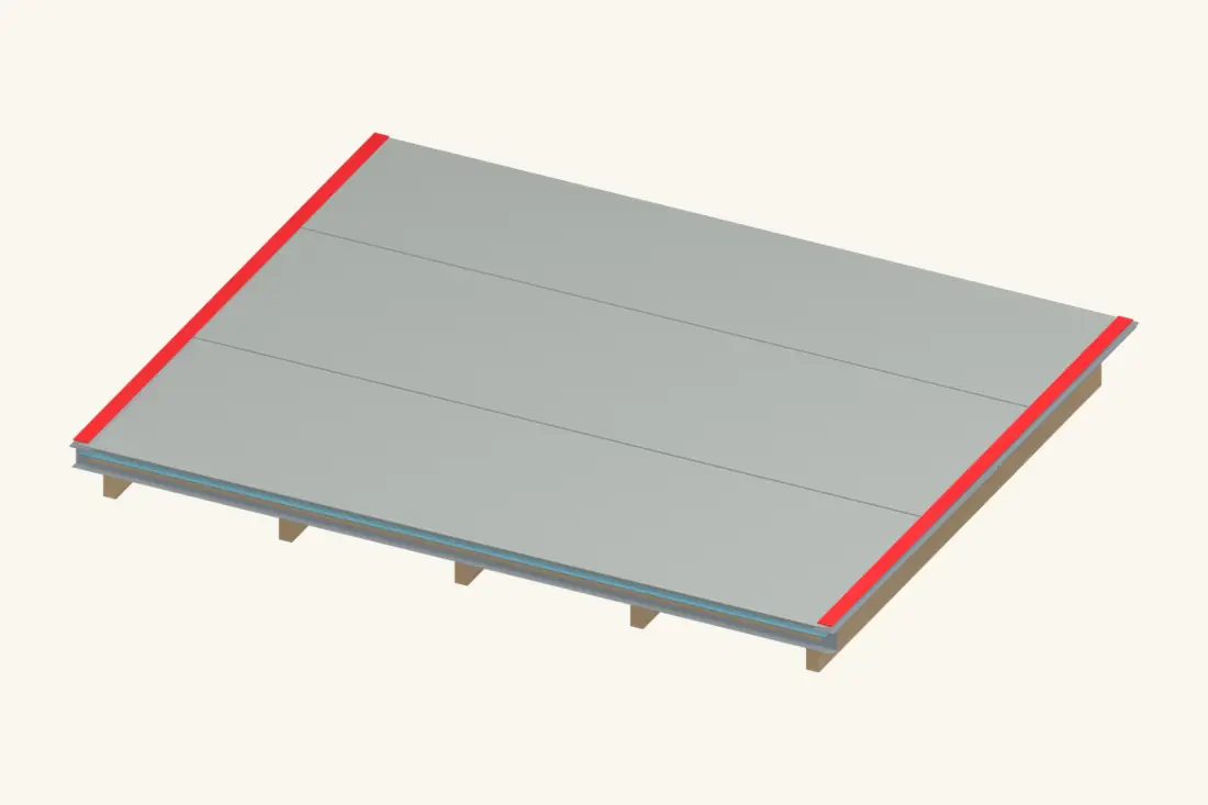 Finish the cap sheet at the perimeter metal using the specified bonding and corner details. Bright red marks the part being installed or checked.