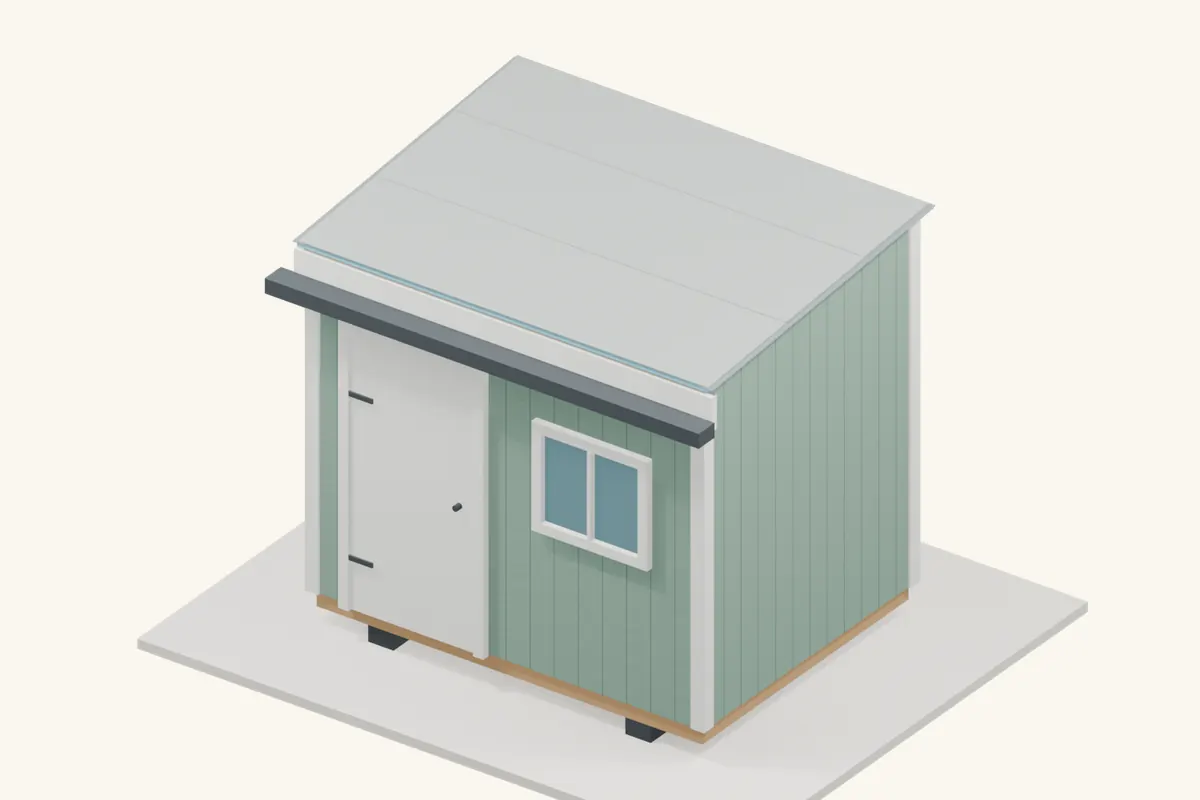 A finished low-slope shed roof with a two-ply bitumen covering, bonded cap-sheet laps and a gutter at the low edge.