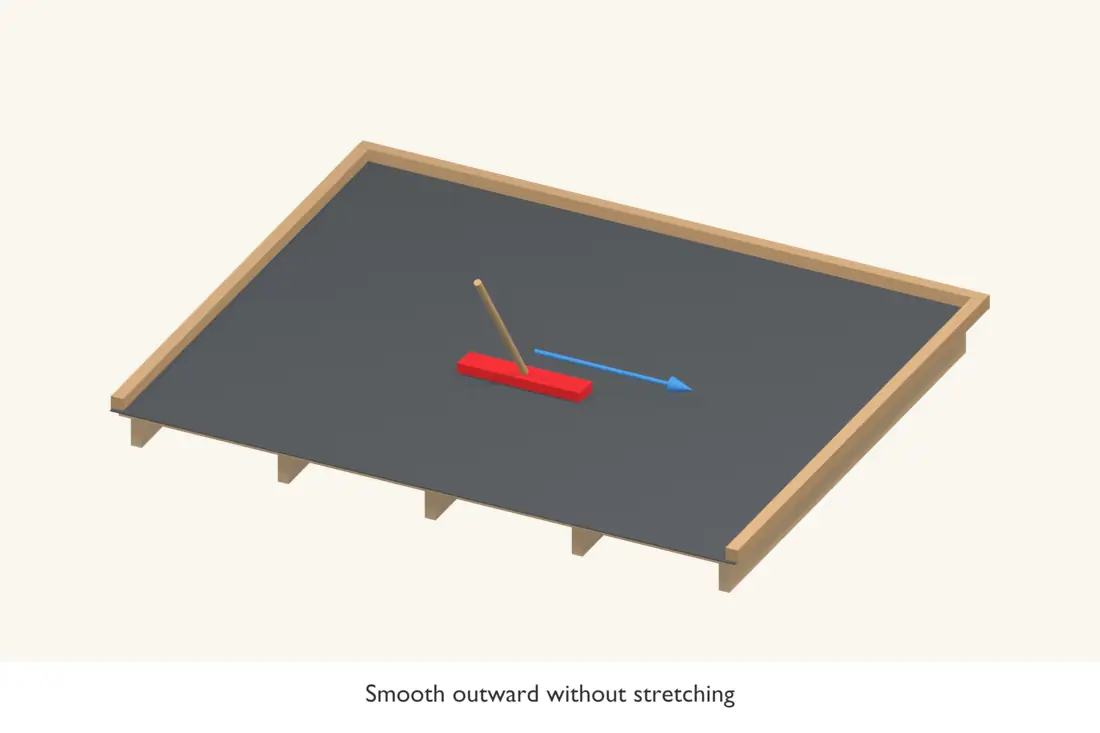 Return the membrane into the adhesive and press it smoothly into contact. Bright red identifies the current operation.