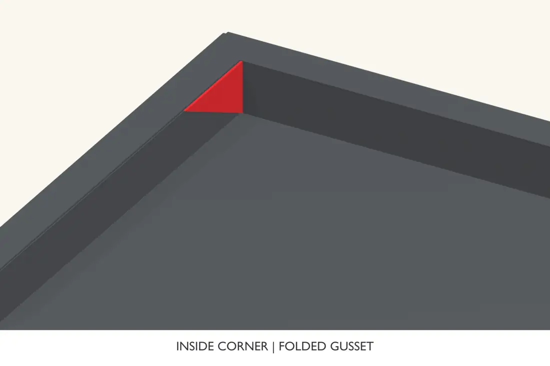 A folded inside corner keeps the rubber against both kerbs. The red triangular gusset is the excess membrane folded against the side; follow the chosen system’s corner detail. Bright red identifies the current operation.