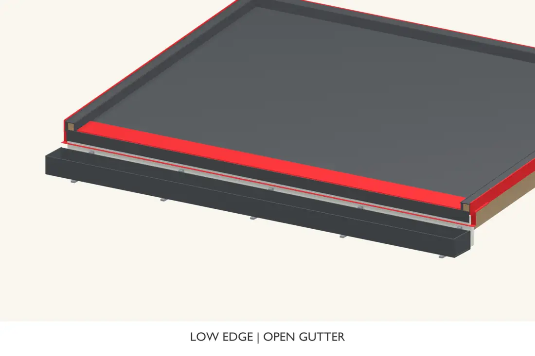 Perimeter trims secure the membrane, while the low drip edge discharges into the gutter. Bright red identifies the current operation.