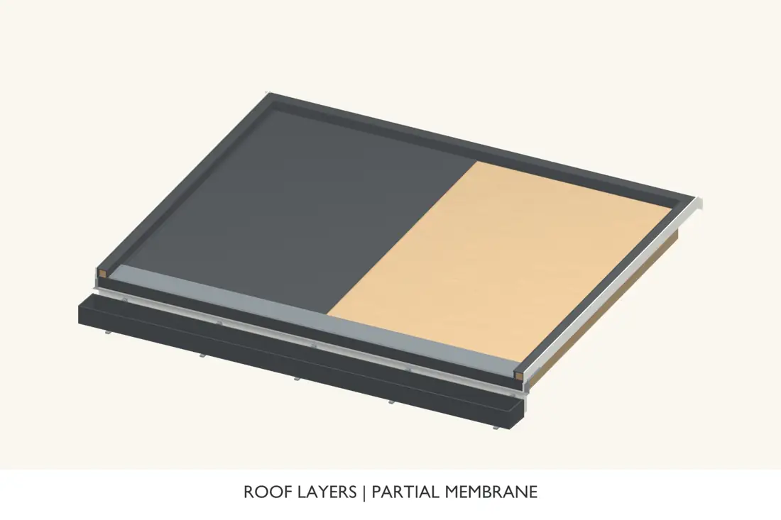The membrane field is cut back on one side to expose the deck beneath the perimeter build-up.