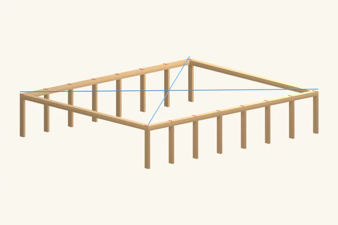 Opposite wall plates share the same rafter layout. Diagonals help check the wall rectangle.