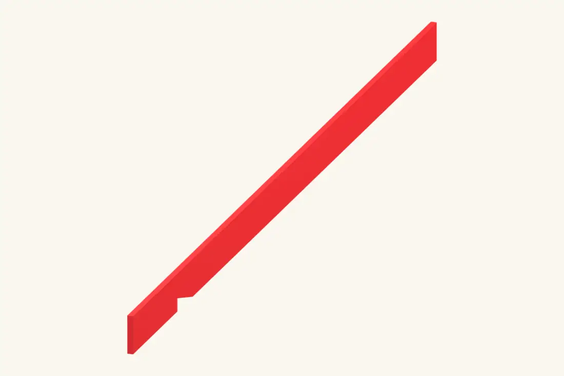 A single rafter template carries the ridge cut, wall seat and overhang geometry. Bright red marks the part being installed or checked.