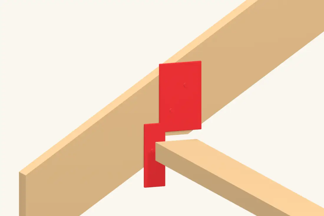 A simplified roof-to-wall connector detail. Match the actual connector shape, holes and fasteners to its instructions. Bright red marks the part being installed or checked.