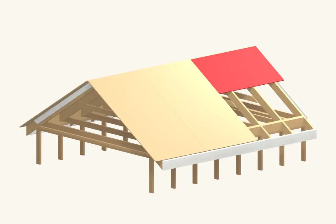 Supported roof panels form the deck. The open portion leaves the framing visible. Bright red marks the part being installed or checked.