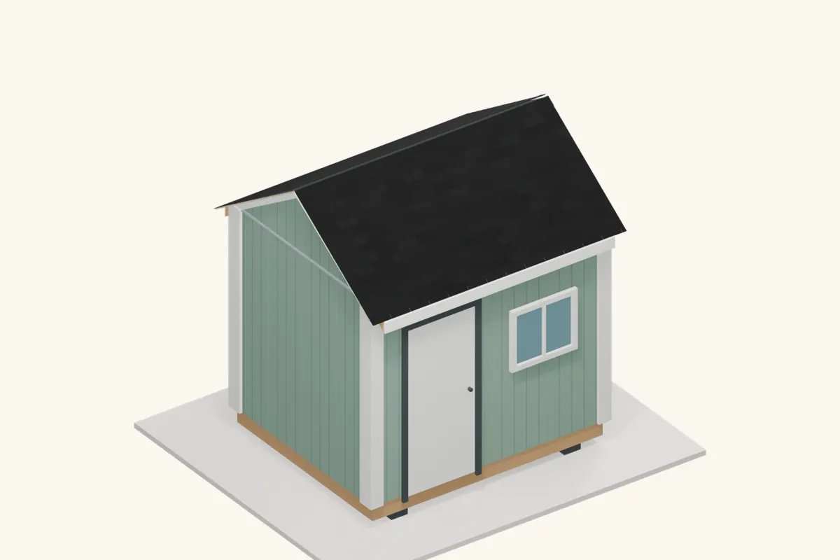 A finished gable shed with two roof planes meeting at a ridge, using the SHED75 roof shape.