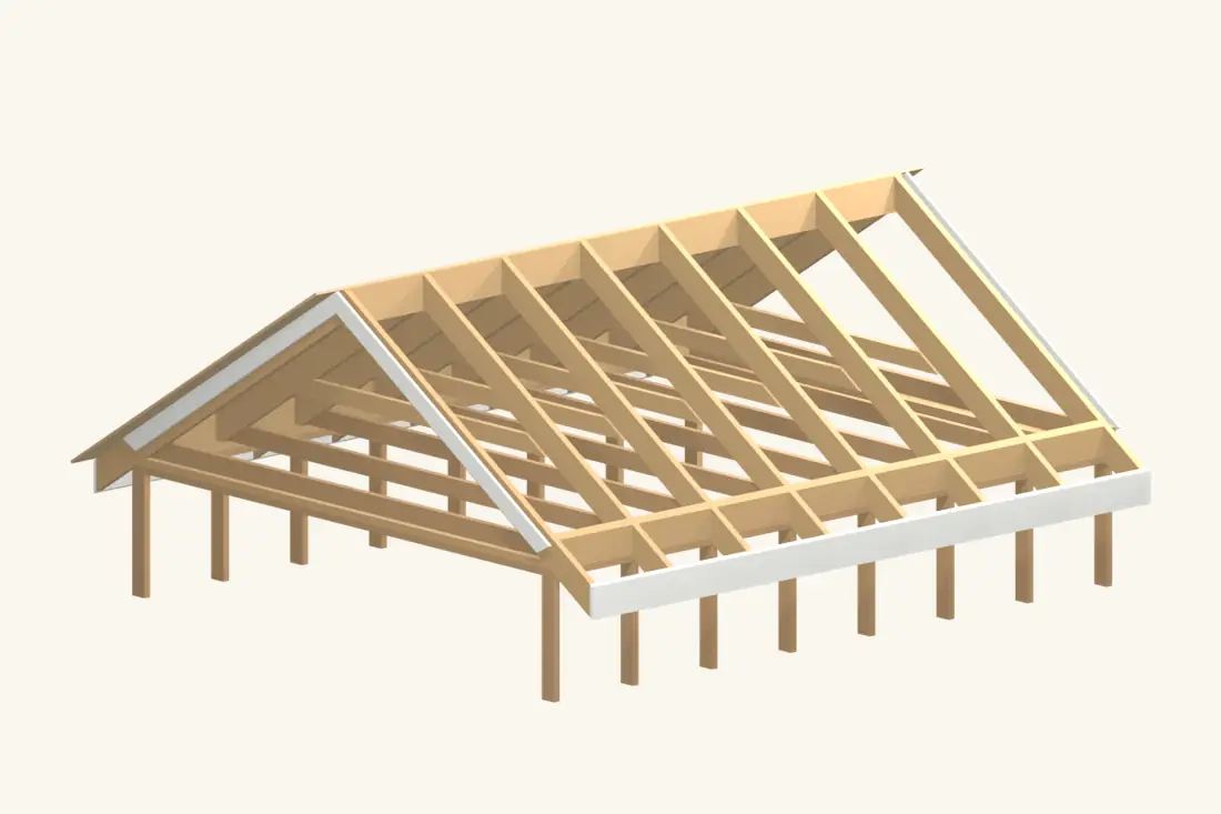An open roof face exposes rafters, the ridge, low ties and blocking beneath the opposite deck.