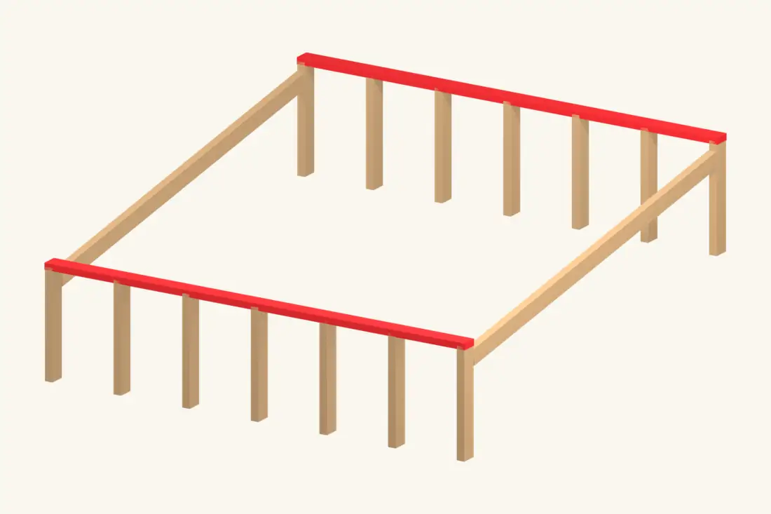 Check the level bearing surfaces on the two walls before laying out rafters. Bright red marks the part being installed or checked.