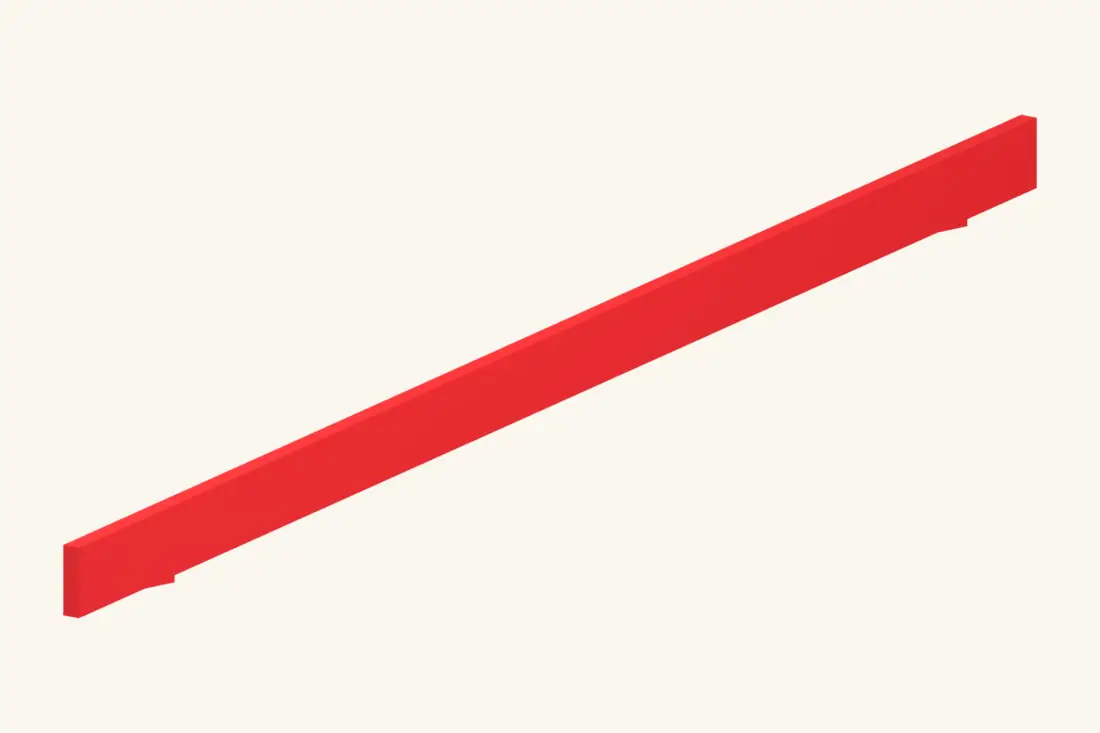 One rafter template includes both bearing seats and the two overhangs. Bright red marks the part being installed or checked.