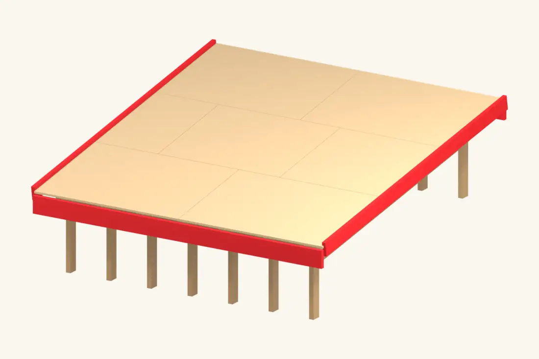 Supported perimeter members provide a firm base for the selected roofing trims. Bright red marks the part being installed or checked.
