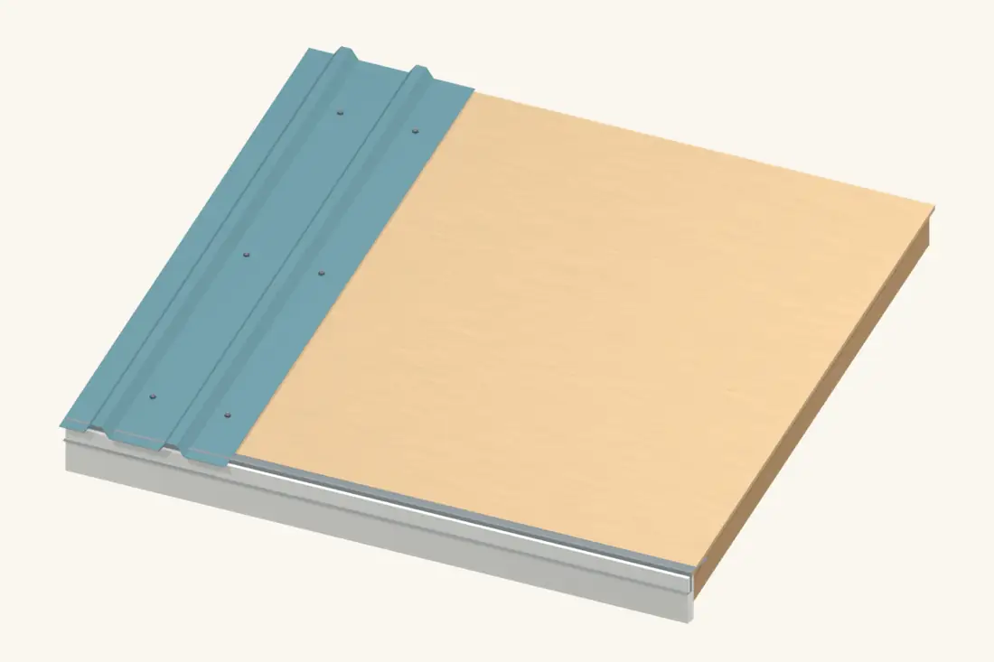 A ribbed sheet is shown over the deck to identify its direction from ridge to eave.