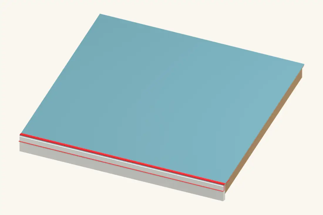 The eave flashing establishes a draining edge beneath the roof sheets. Bright red marks the part being installed or checked.