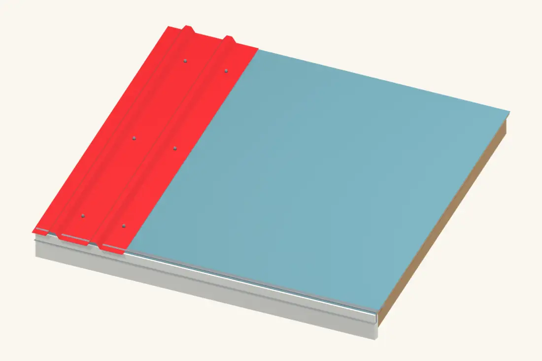 Set the first full-length sheet square to the eave before continuing across the roof. Bright red marks the part being installed or checked.