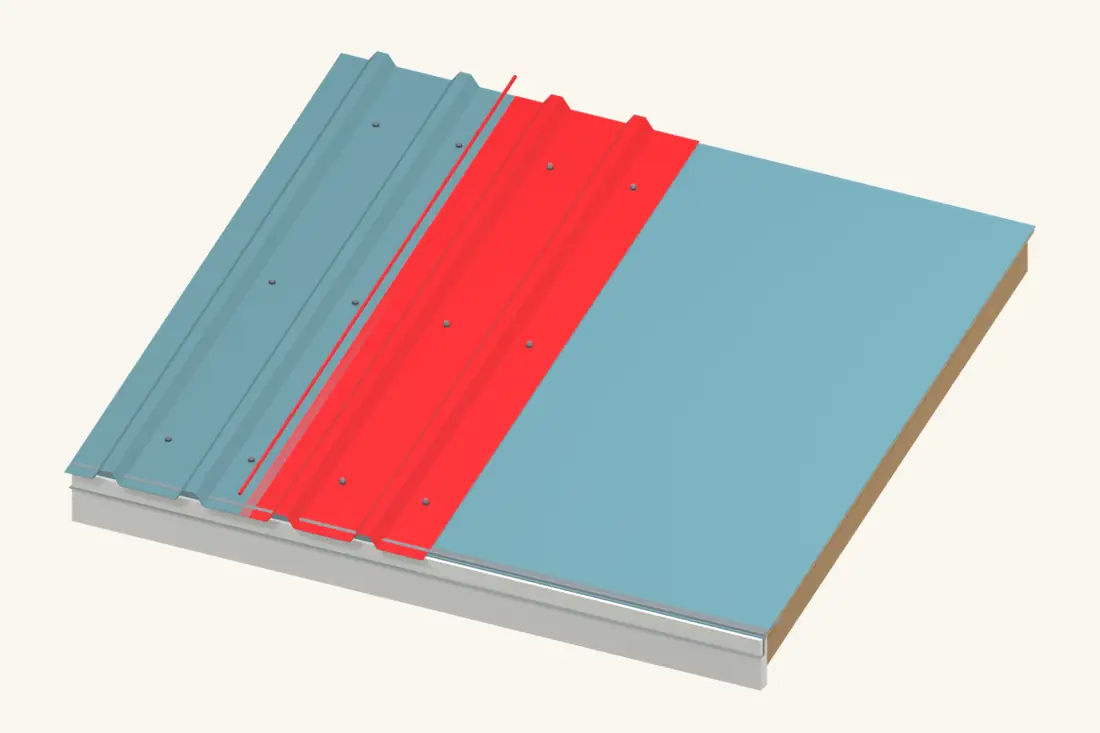 The adjoining sheet overlaps the first sheet. The highlighted line indicates the lap seal location for a system that requires it. Bright red marks the part being installed or checked.