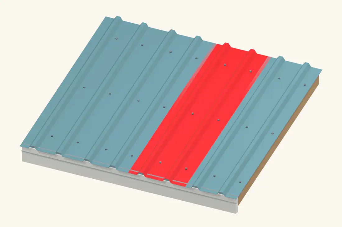 Continue across the roof while checking sheet alignment and the specified fixing lines. Bright red marks the part being installed or checked.