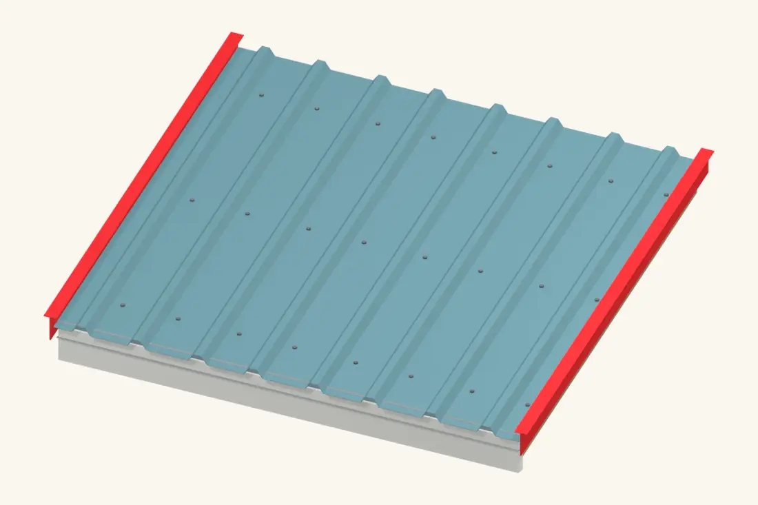 Rake flashing covers and secures the roof-sheet edge at the verge. Bright red marks the part being installed or checked.