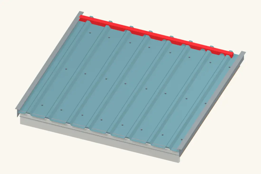 Profile-matched closures fill the shaped space beneath the high-edge or ridge flashing. Bright red marks the part being installed or checked.