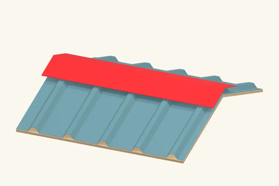The ridge cap bridges both roof planes. Use the closure or vent detail specified for the actual ridge system. Bright red marks the part being installed or checked.