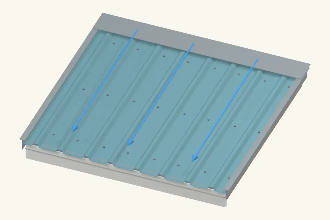 Inspect the finished sheet field, edge flashings, closures and screw washers along the drainage path.