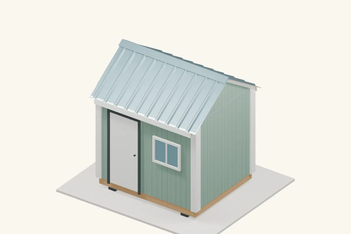 A finished gable shed with ribbed metal roof panels, exposed fixings and a matching ridge cap.