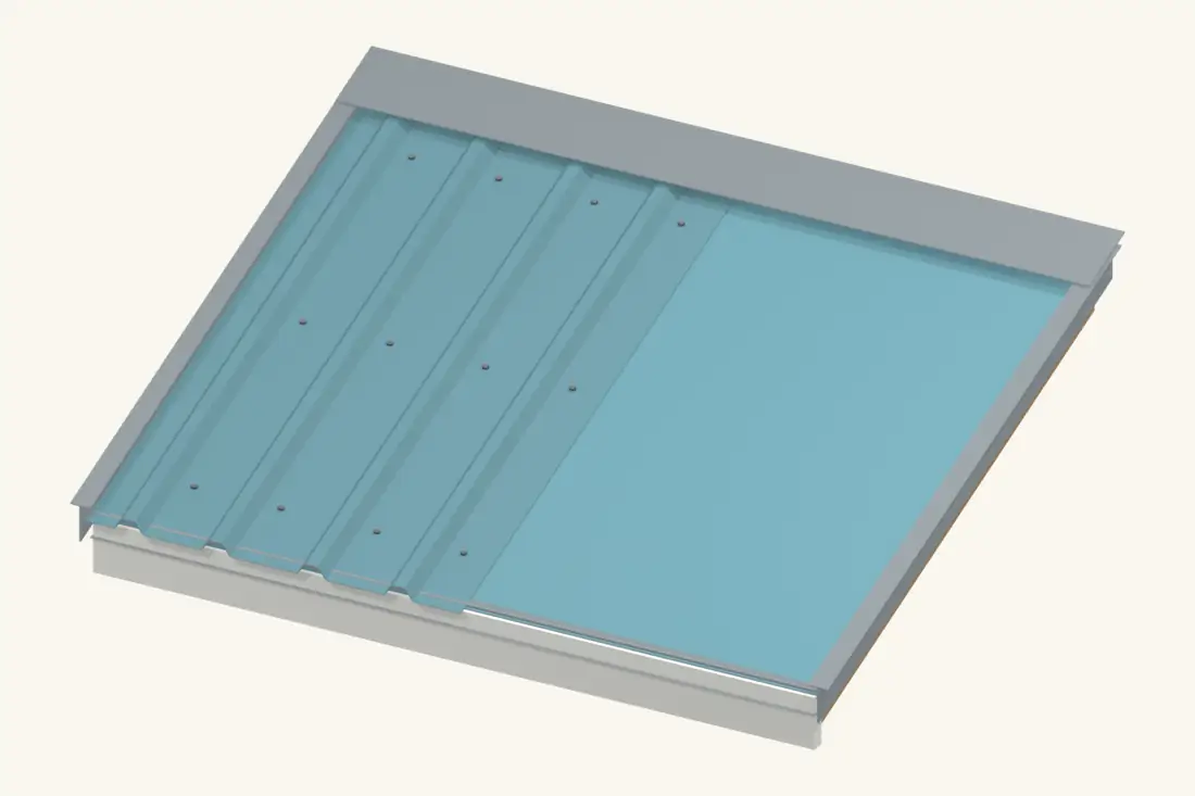 A partially covered deck shows the underlayment below full-length ribbed metal sheets.