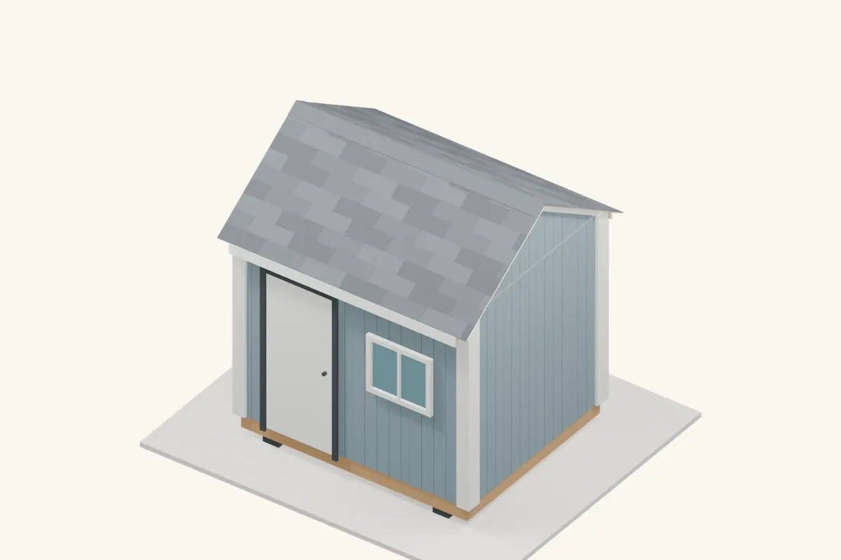 A finished shed roof with overlapping asphalt shingle courses and matching ridge caps.