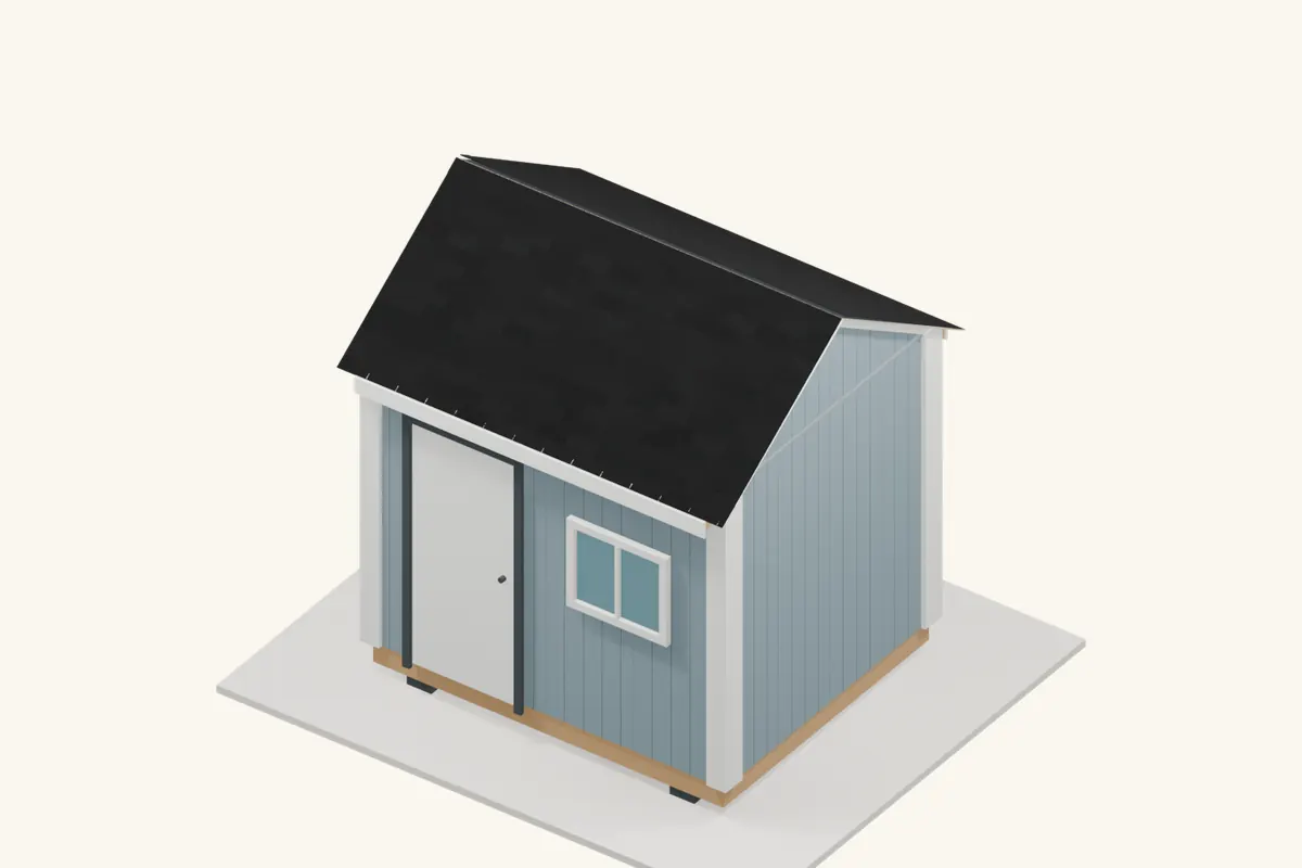 A finished shed roof with overlapping asphalt shingle courses and matching ridge caps.