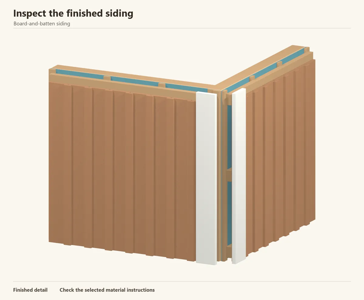 Completed board-and-batten siding. All joints are covered and the outside corner trim sits beyond the battens.