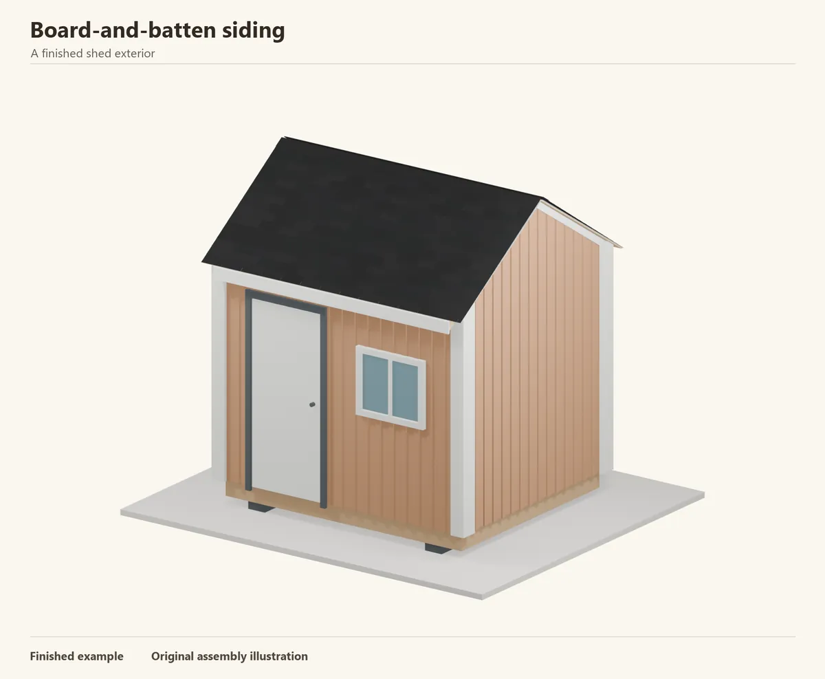 A finished shed with board-and-batten siding and a shingled gable roof. An illustrative exterior, not a dimensioned building plan.