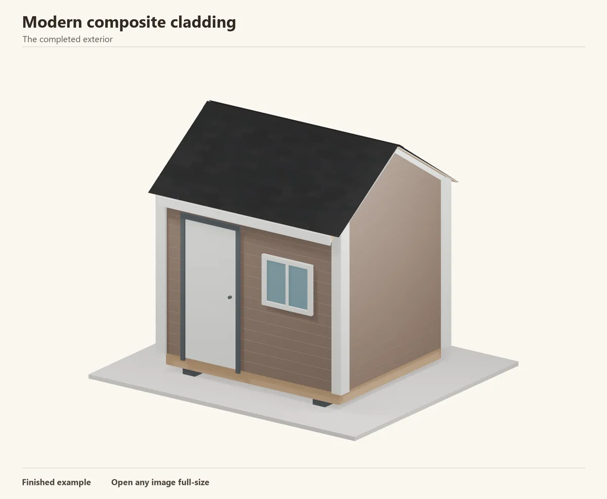 Original Blender illustration of a small shed finished with modern composite cladding. The shed is a visual example, not a dimensioned building plan.