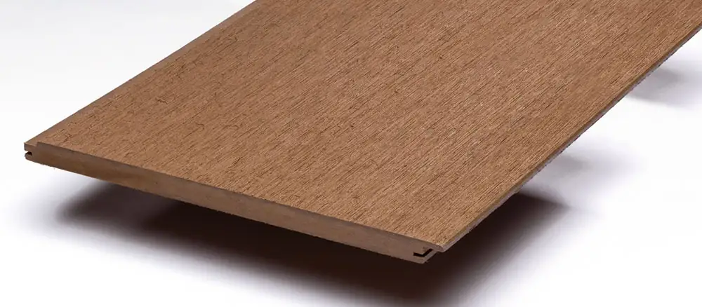 A Geolam wood-plastic composite cladding sample. A material reference: board profiles and fastening systems vary between manufacturers.