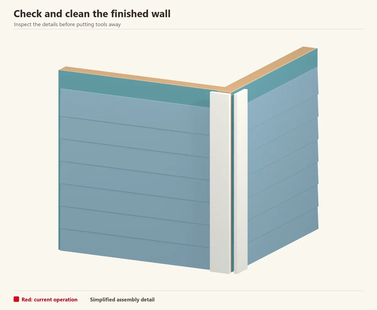 Finished siding at a corner. Check fasteners, joints, trims and water exits before cleaning the surface.