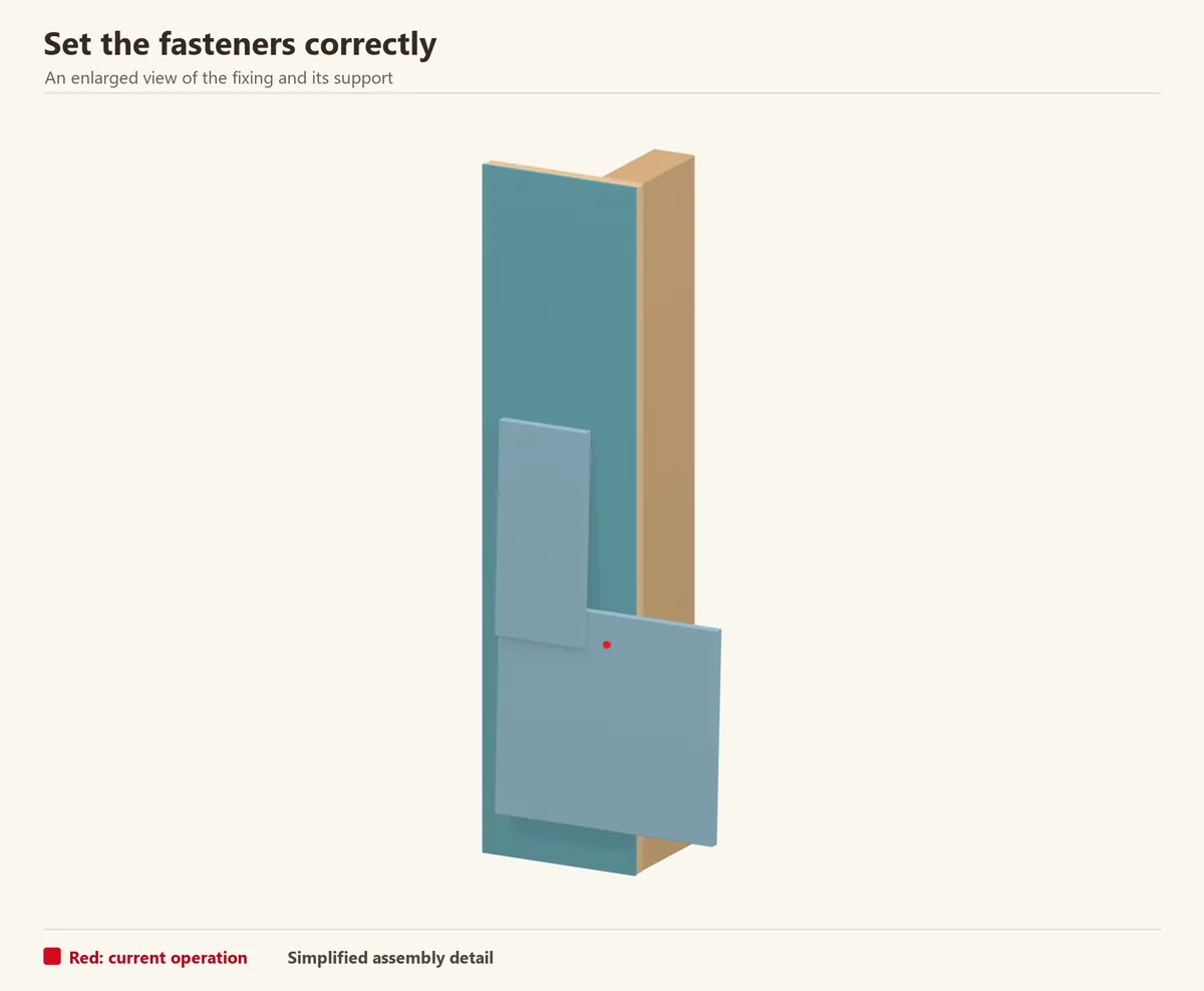Cutaway of overlapping fiber-cement planks. Part of the upper plank is omitted to reveal the red blind nail that fixes the lower plank into backing. A full upper plank conceals the head.