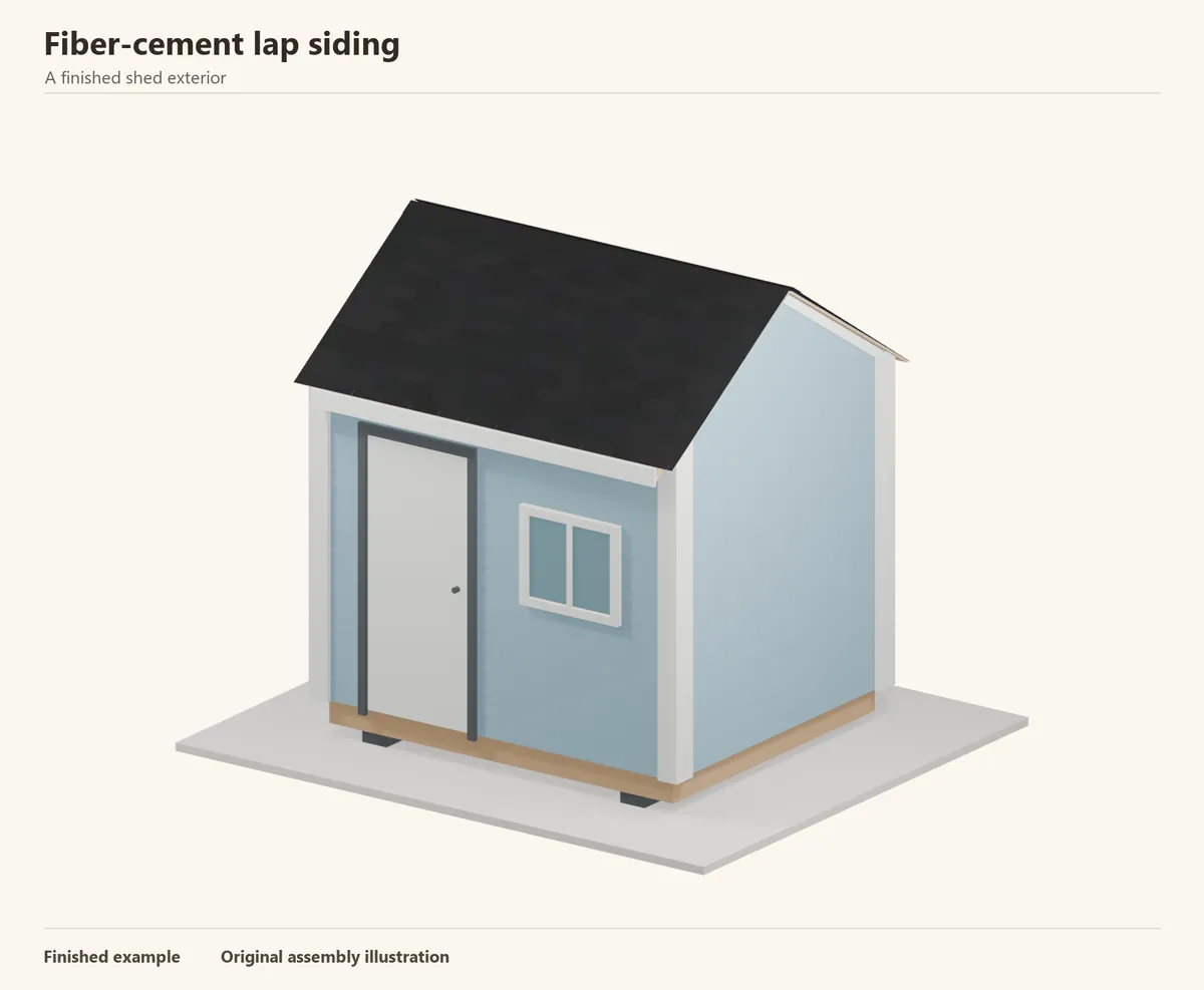 A finished shed with fiber-cement lap siding and a shingled gable roof. An illustrative exterior, not a dimensioned building plan.