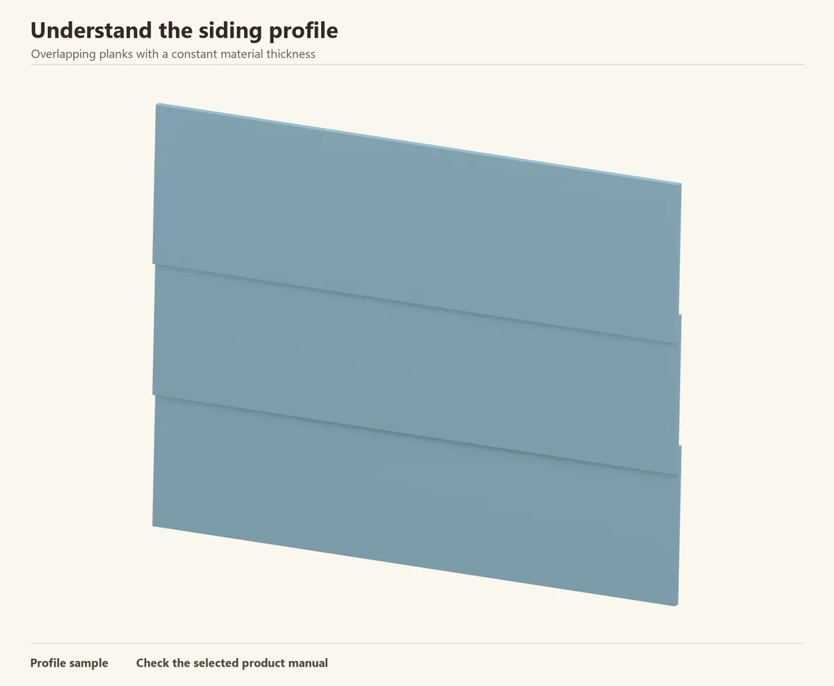 Enlarged fiber-cement lap planks. Each new plank overlaps the one below; the board is not a tapered timber clapboard.