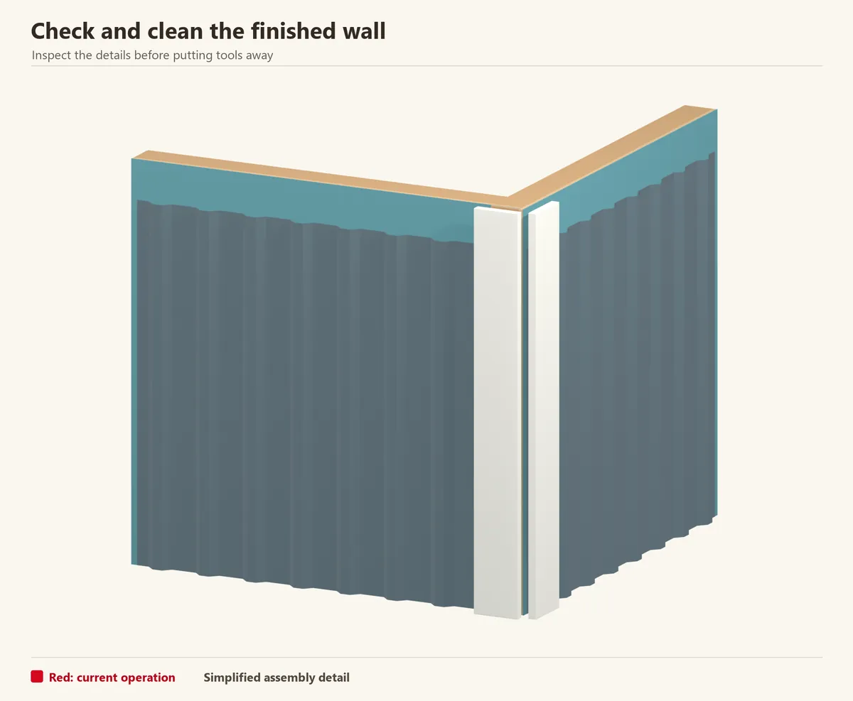 Finished siding at a corner. Check fasteners, joints, trims and water exits before cleaning the surface.