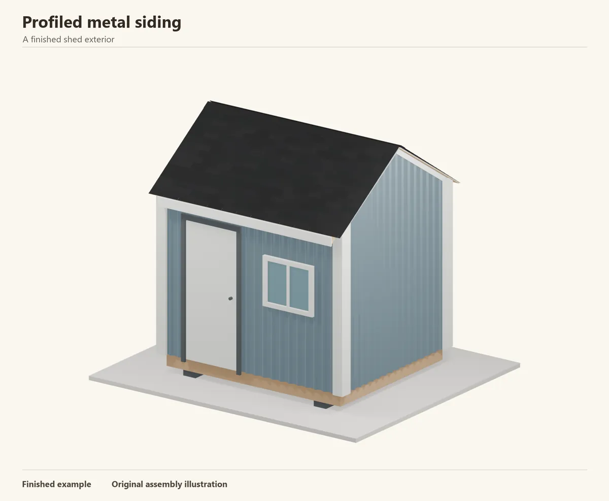 A finished shed with profiled metal siding and a shingled gable roof. An illustrative exterior, not a dimensioned building plan.
