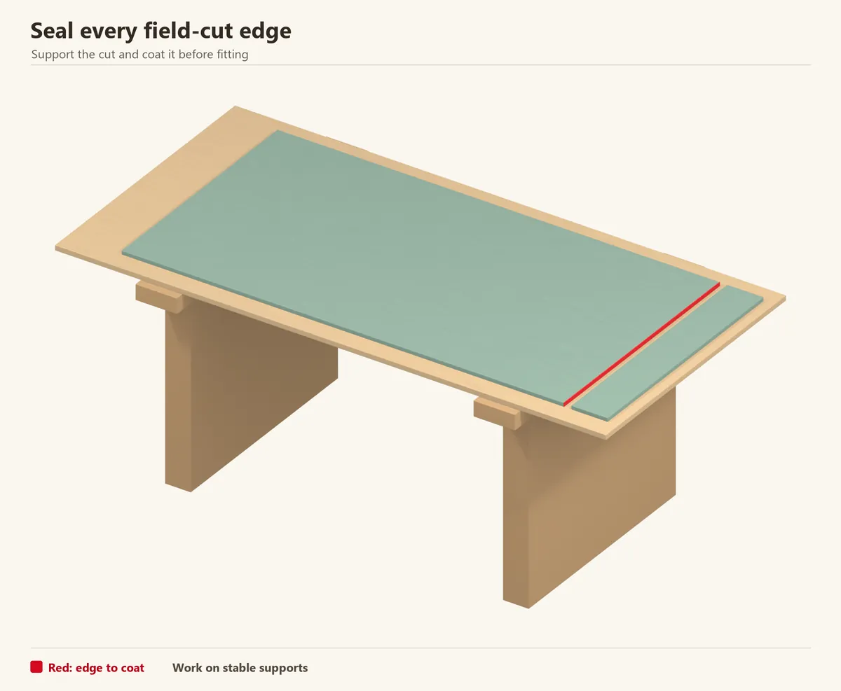A supported panel and its offcut. The red edge identifies the fresh cut that needs the specified coating before it becomes concealed.