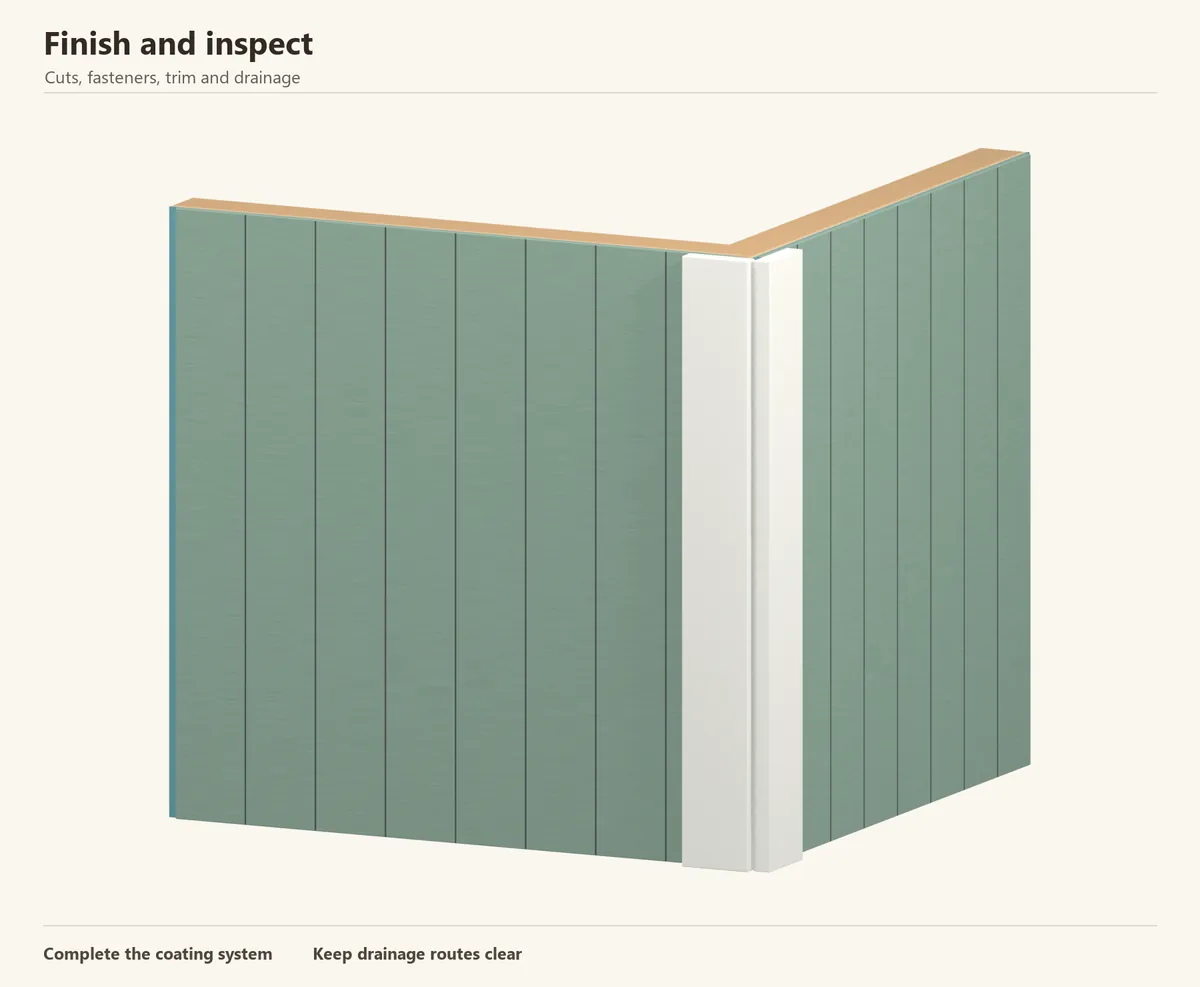 Finished panel wall and corner. Inspect the base, coating, fixings and opening details before considering the siding complete.